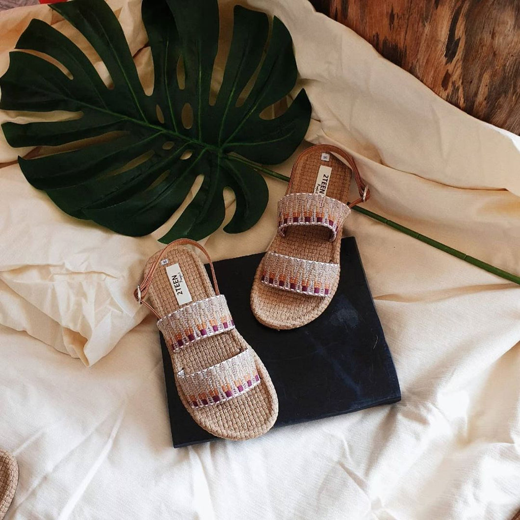 Dual Embroidered Sandals - Beige